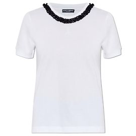 Dolce & Gabbana T-Shirt mit Spitzeneinsatz am Ausschnitt Weiß