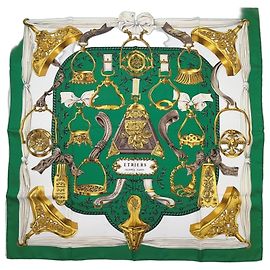 Hermès Pañuelo de seda Hermes Carre 90 Etrier Blanco Dorado Verde