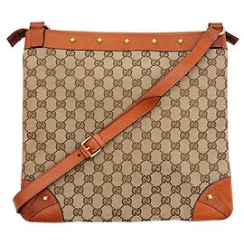 Bolsa de ombro Gucci em couro e tela bege e marrom Marrom Bege