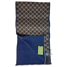 Sciarpa Gucci GG Supreme in lana blu navy e marrone Marrone Blu