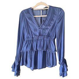 Biba Peplum-Bluse in Blau mit Pompon-Besatz Blau