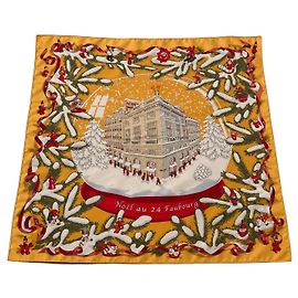 Pañuelo de seda Hermès 'Noël au 24 Faubourg' Castaño Blanco Roja Verde Amarillo