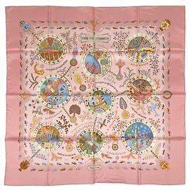 Hermès Lenço de seda Hermes Carre 90 Escales Mediterraneennes Rosa Multicor