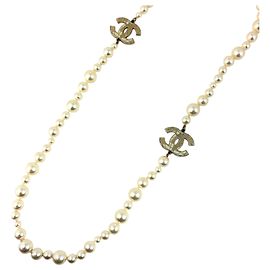 Collier Chanel plaqué or avec logo Coco Mark Blanc Doré