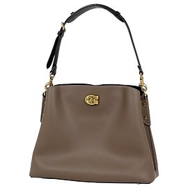 Bolsa de Ombro Coach Logo em Couro Greige Cinza
