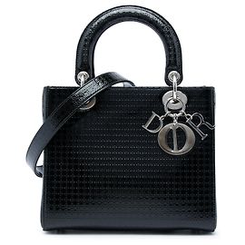 Dior Black Medium Metallic Patent Microcannage Lady Dior Noir
