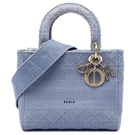 Dior Blue Medium Embroidered Canvas Cannage Lady D Lite Blu Blu chiaro
