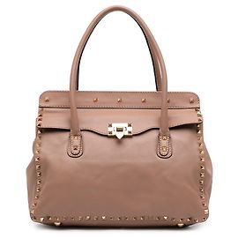 Valentino Rockstud Double Handle Flap Tote aus braunem Leder Braun Fleisch