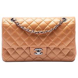 Chanel Brown Medium Classic Metallic Caviar Double Flap Marrone Bronzo