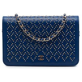 Chanel Blue CC Lambskin Studded Wallet On Chain Blue