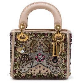 Mini Lady Dior in vitello con perline e ricami, marrone Dior Marrone Beige