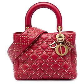 Dior Red Medium Lambskin Cannage Studded Supple Lady Dior Rouge Bordeaux