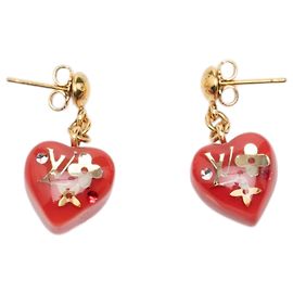 Louis Vuitton Red Gold Plated Monogram Resin Inclusion Heart Drop Push Back Earrings Red