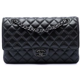 Chanel Black Medium Classic Caviar Glitter Double Flap Noir