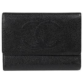 Portafoglio tri-fold Chanel in pelle di vitello granulata nera Nero