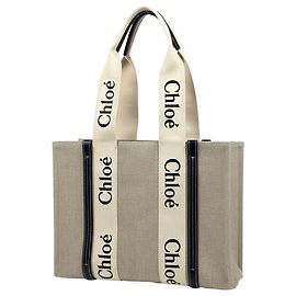 Chloé Woody Medium Canvas Tote Bag Black Beige
