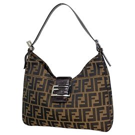 Bolsa de Ombro Fendi em Lona e Couro Marrom Marrom