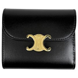 Céline Celine Tri-fold Geldbörse aus schwarzem Leder Schwarz