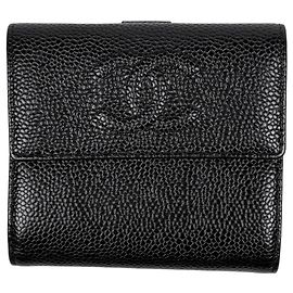 Portafoglio bi-fold Chanel in pelle di vitello granulata nera Nero