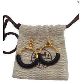 Hermès Loop Orecchini a cerchio in pelle e metallo dorato Nero D'oro