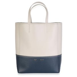 Céline Celine Small Vertical Bi-Cabas Tote em couro de bezerro granulado Navy Beige Azul Bege