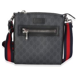 Gucci Black Grey GG Supreme Canvas Web Small Flat Messenger Bag Black