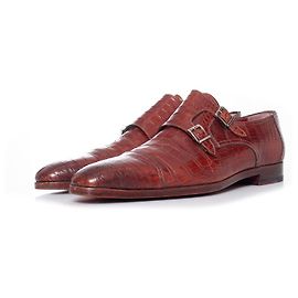 Santoni, double monk strap shoe in brown crocodile Brown