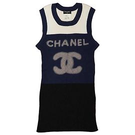 Chanel Vestido Top de Malha Sem Mangas Azul Marinho Preto Branco Azul marinho