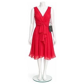 Vera Wang Red Chiffon V-Neck Cocktail Dress Red