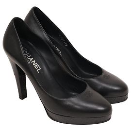 Chanel Black Leather Platform Block Heel Pumps Black