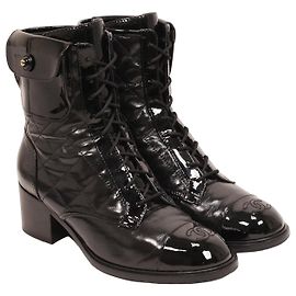 Chanel Runway Pocket Quilted Biker Combat Boots Black Leather Black