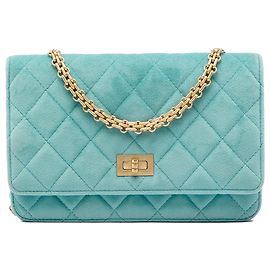 Chanel Blue Quilted Velvet Reissue 2.55 Wallet on Chain Blu Turchese