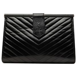 Autre Marque Saint Laurent Monogram Frame Clutch aus schwarzem Chevron-Kalbsleder Schwarz