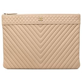 Chanel Beige Large Chevron Caviar O Case Clutch Beige