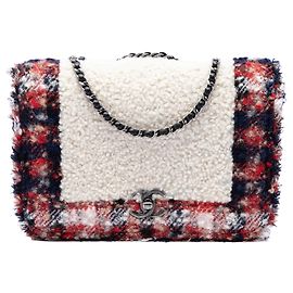 Chanel White CC Tweed and Shearling Single Flap Branco Outro