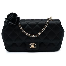 Chanel Black Mini CC Quilted Satin Camellia Flap Nero