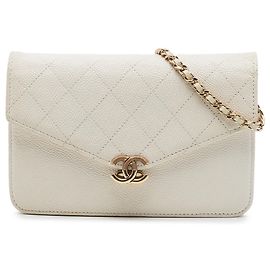 Chanel White Paris Cuba Quilted Caviar Thread Around Wallet On Chain Weiß Roh