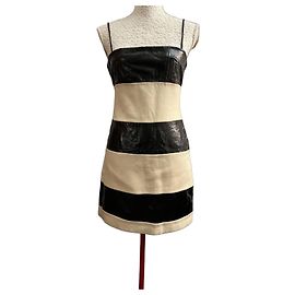 Dolce & Gabbana Striped Leather and Wool Mini Dress - Black & Cream Black Cream