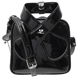 NEW COURREGES LOOP SMALL HANDBAG IN BLACK PATENT LEATHER SHOULDER BAG Black