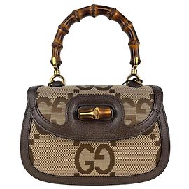 Bolsa Gucci Bamboo 1947 em tela GG Supreme e couro marrom Marrom Bege