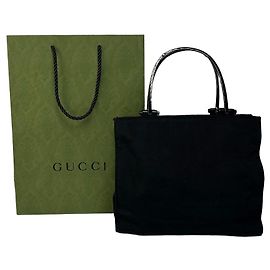 Vintage Gucci Structured Canvas Top-Handle Bag Black Silver Black