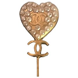 Broche Chanel Baroque Cœur en Perles et Dorée Blanc Doré