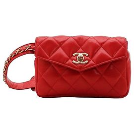 Chanel Red Quilted Leather Belt Bag Red