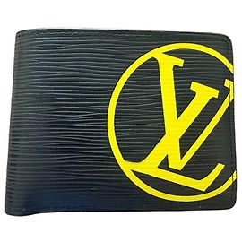 Louis Vuitton Carteira de Couro Preta Logo Amarelo Preto Amarelo