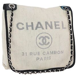CHANEL Deauville line Chain Shoulder Bag Straw White Silver CC Other