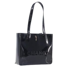 CHANEL Tote Bag Patent Leather Black Gold CC Altro