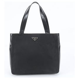 Prada Triangle Logo Leather Nylon Tote Bag Black