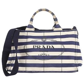Prada Canapa Border 2-Way Tote Bag/Schultertasche Roh Marineblau