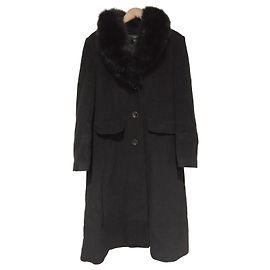 Autre Marque Un Ailleurs Jour Black Wool & Cashmere Coat with Fur Collar Black