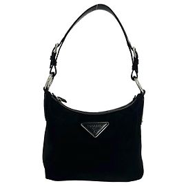 Bolsa de Ombro Prada em Tessuto Pocono com Logotipo Triangular em Metal Preto